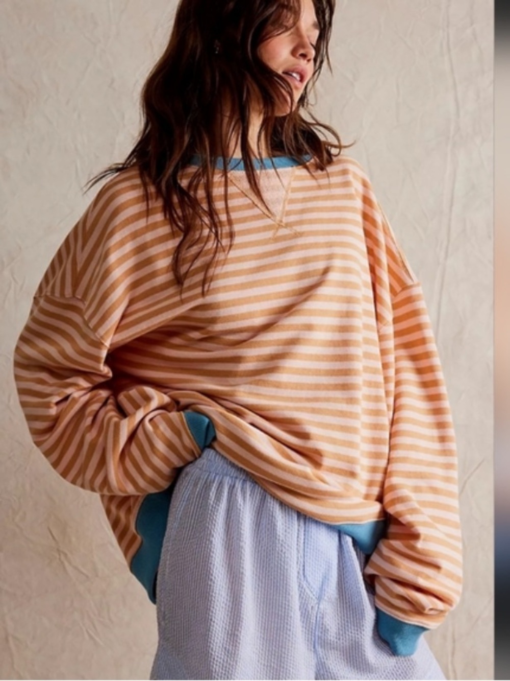 Free people classic striped oversized crewneck orange blue size XL